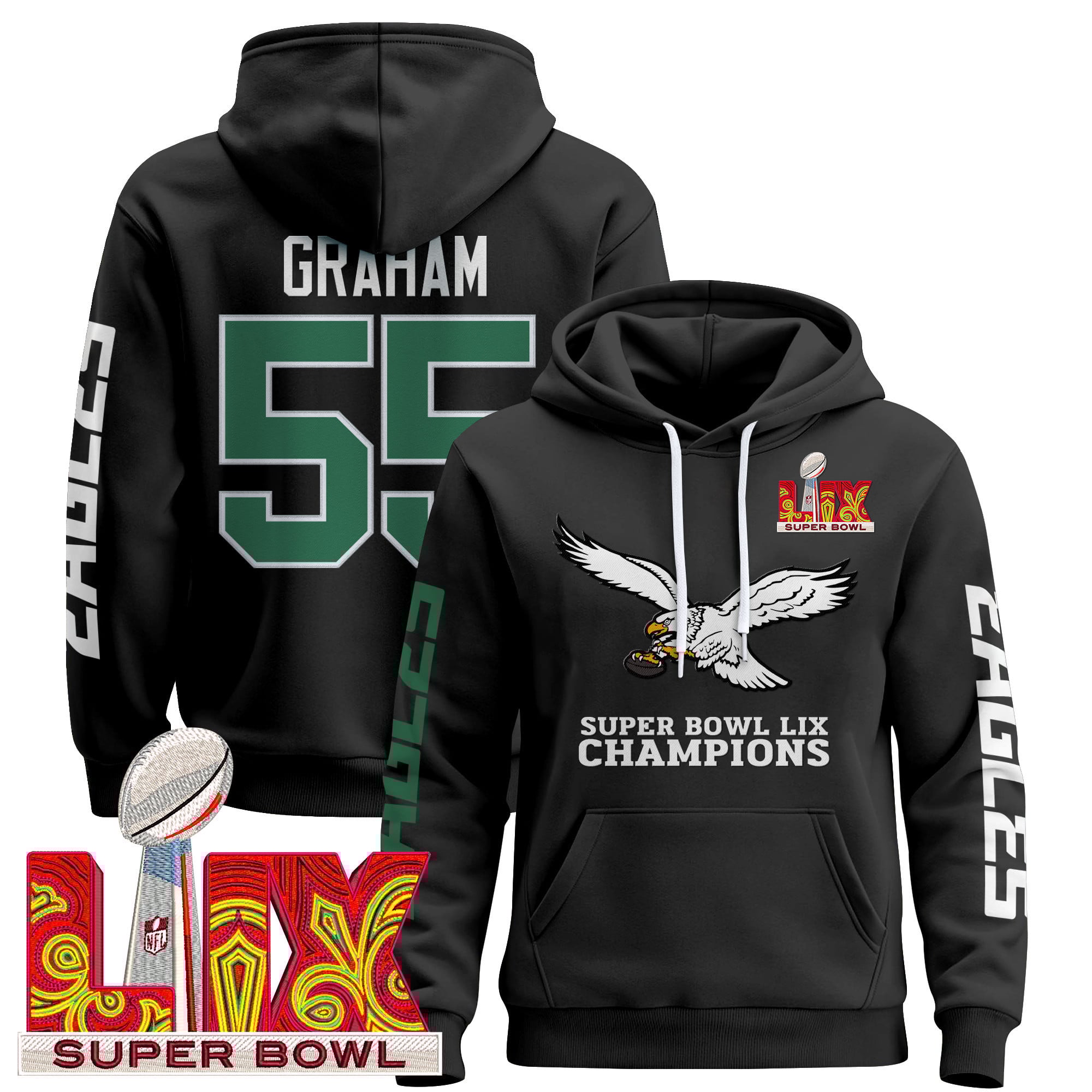 Philadelphia Eagles Super Bowl LIX Patch Pullover Hoodie V6