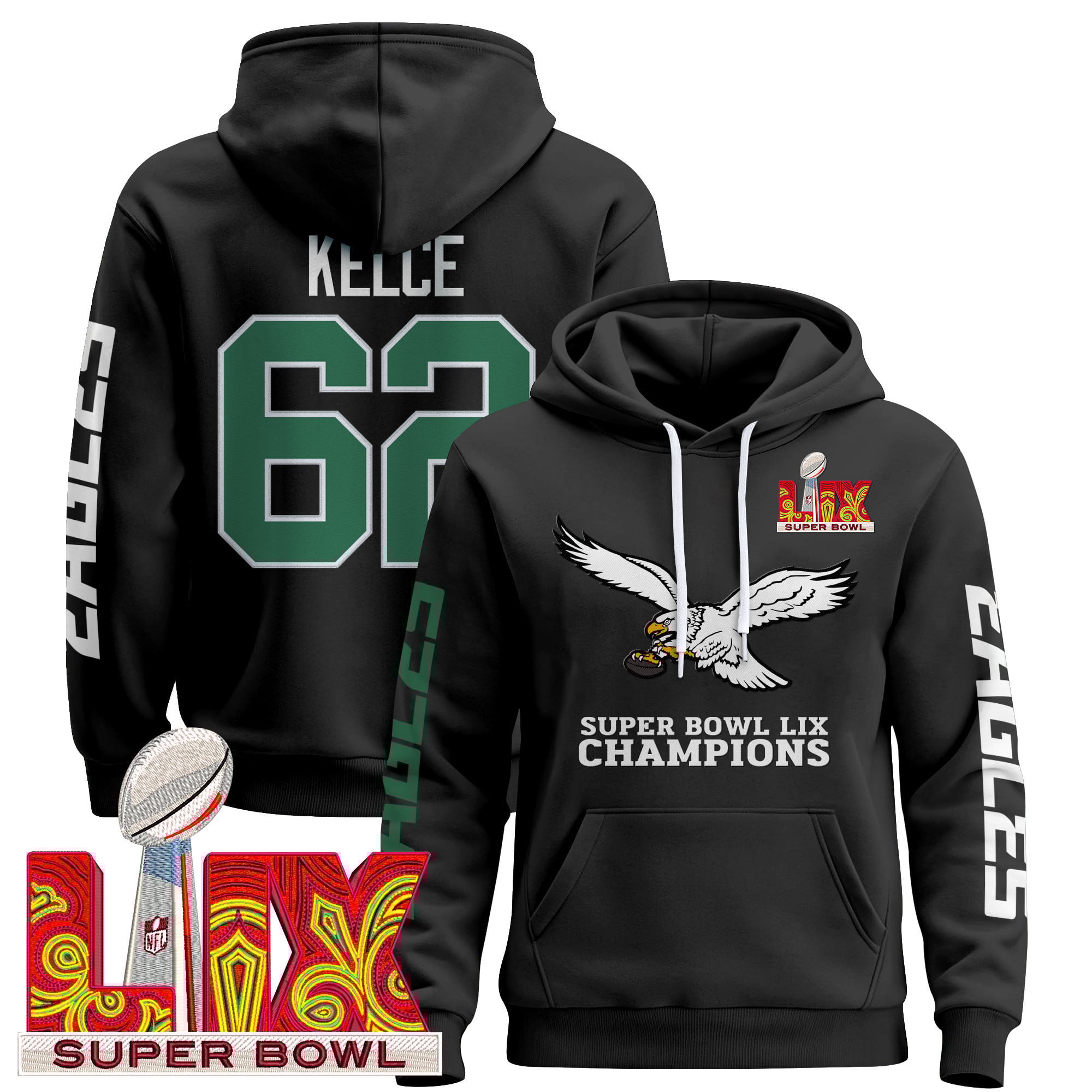 Philadelphia Eagles Super Bowl LIX Patch Pullover Hoodie V6