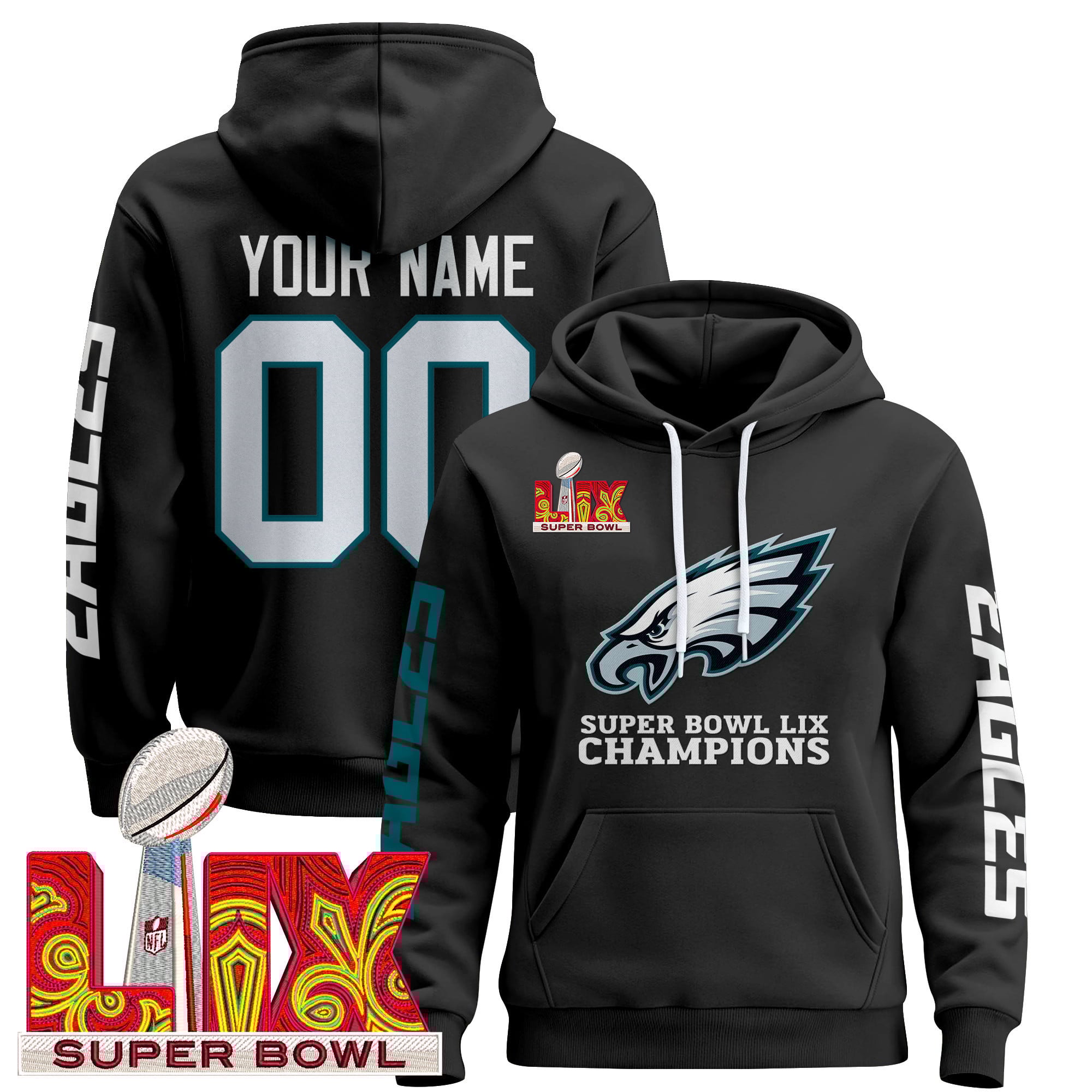 Philadelphia Eagles Super Bowl LIX Patch Custom Pullover Hoodie V5
