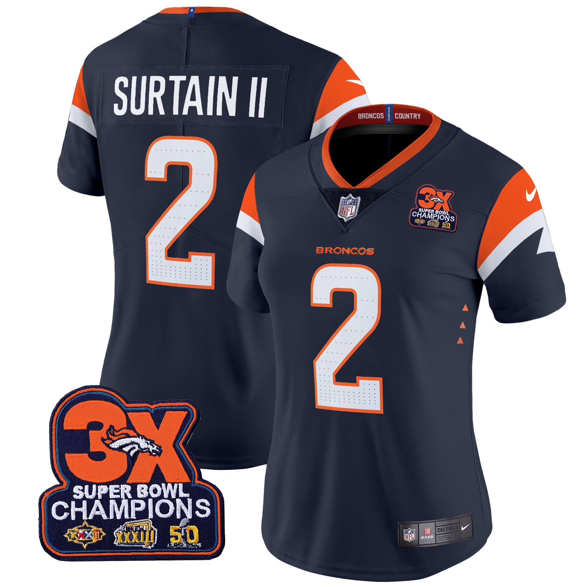 Women’s Denver Broncos 3-Time Champions Patch Vapor Limited Jersey – All Stitched