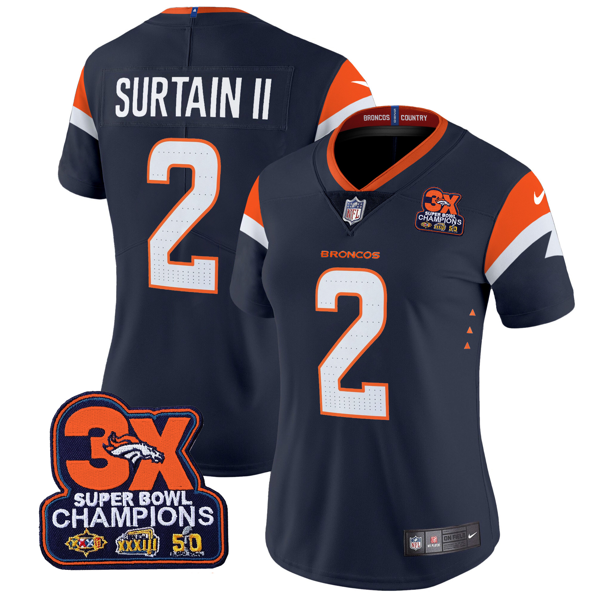 Women’s Denver Broncos 3-Time Champions Patch Vapor Limited Jersey – All Stitched