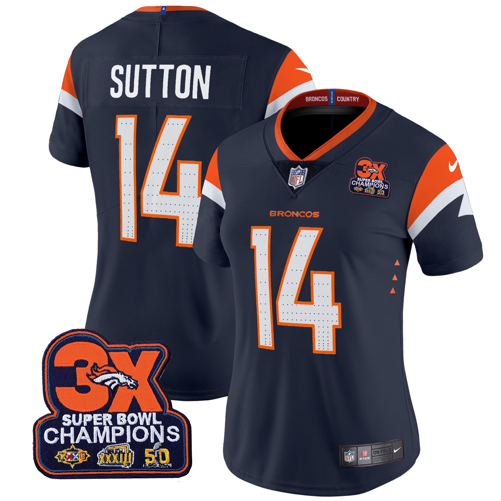 Women’s Denver Broncos 3-Time Champions Patch Vapor Limited Jersey – All Stitched