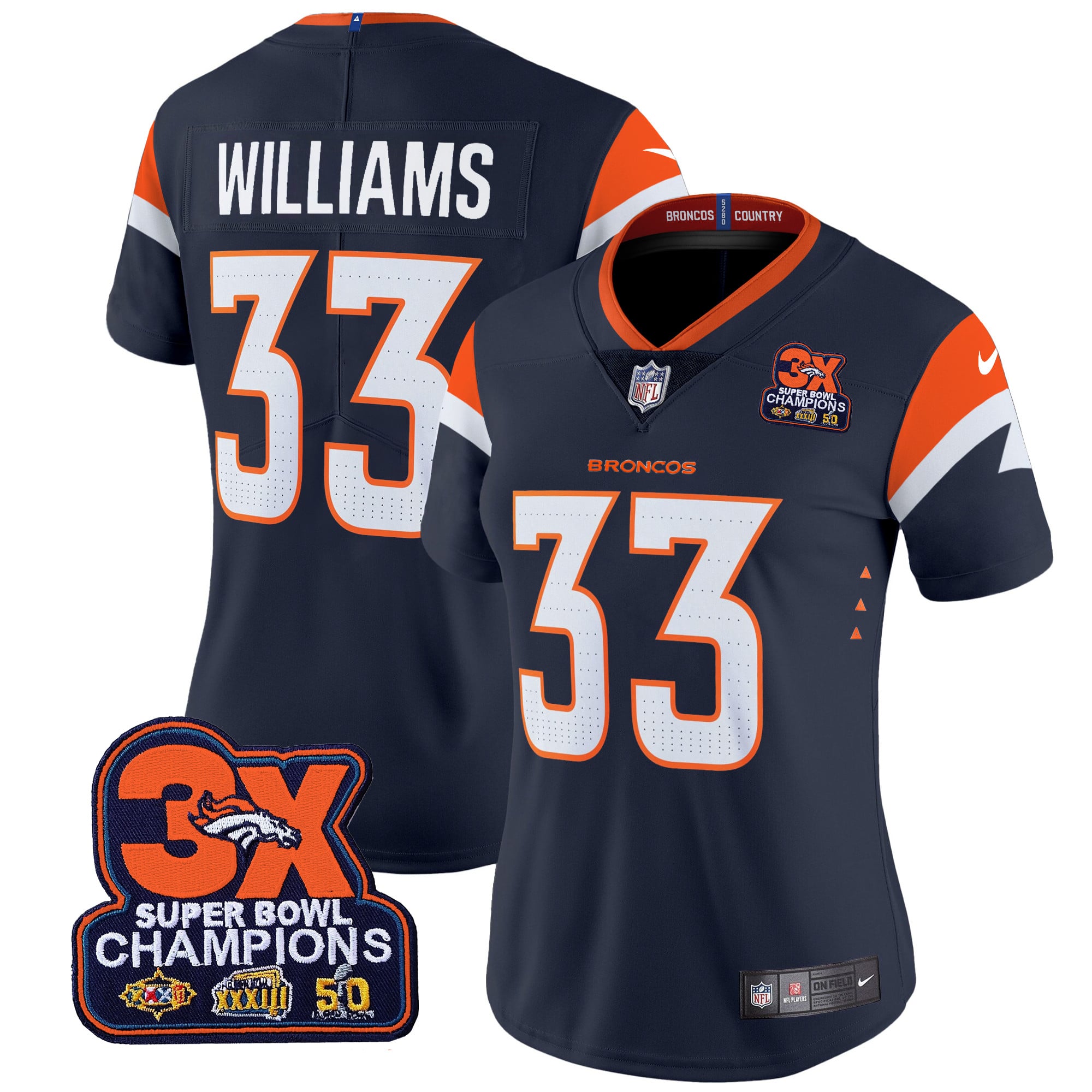 Women’s Denver Broncos 3-Time Champions Patch Vapor Limited Jersey – All Stitched