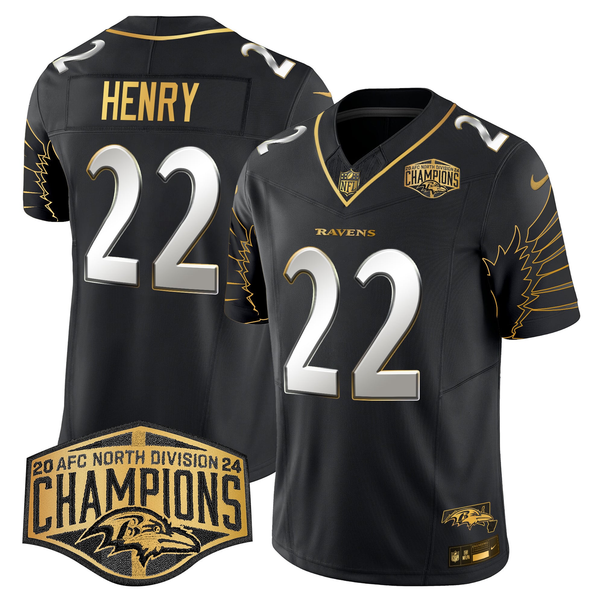 Men’s Ravens Maryland 2024 AFC North Division Champions Patch Gold Vapor Limited Jersey – All Stitched