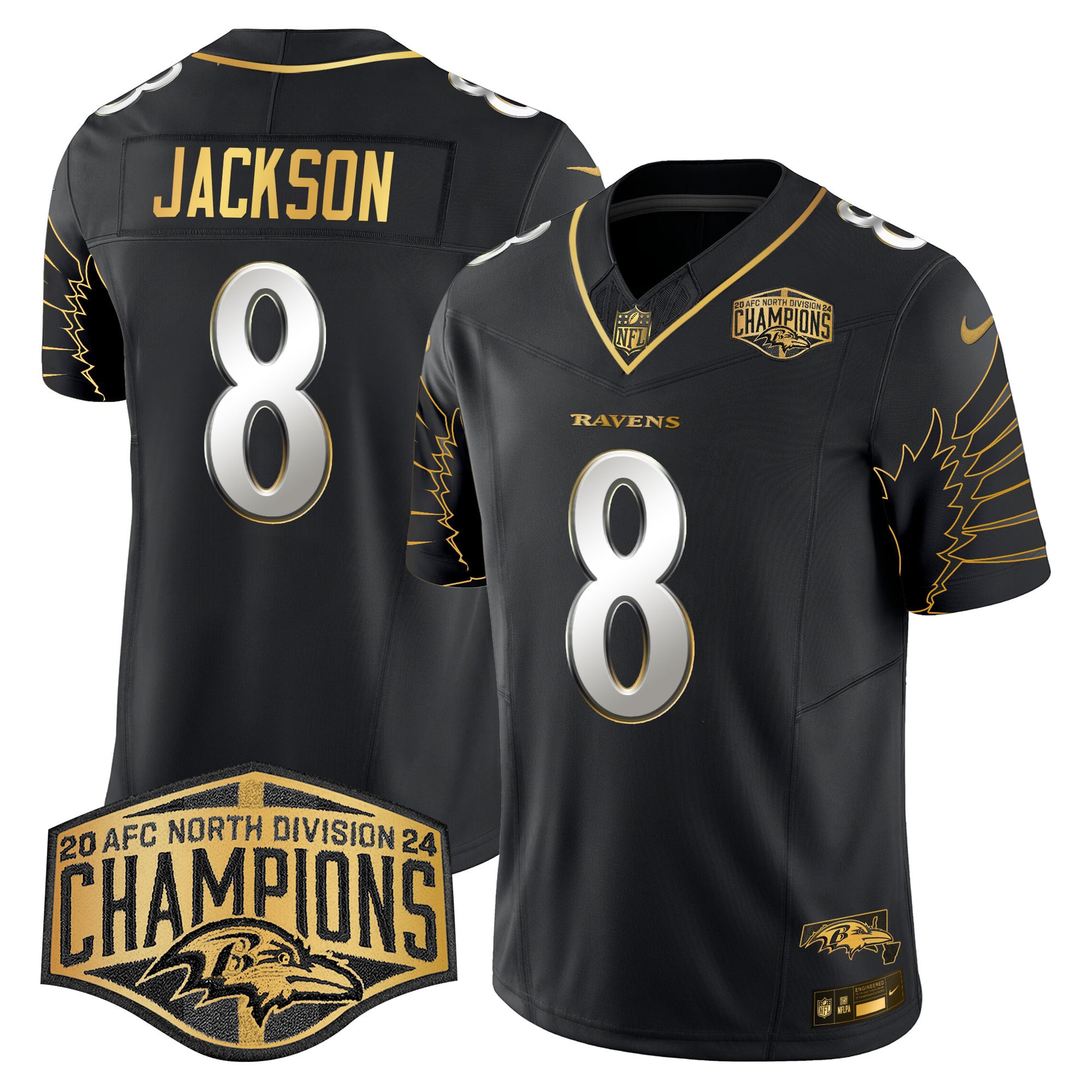 Men’s Ravens Maryland 2024 AFC North Division Champions Patch Gold Vapor Limited Jersey – All Stitched