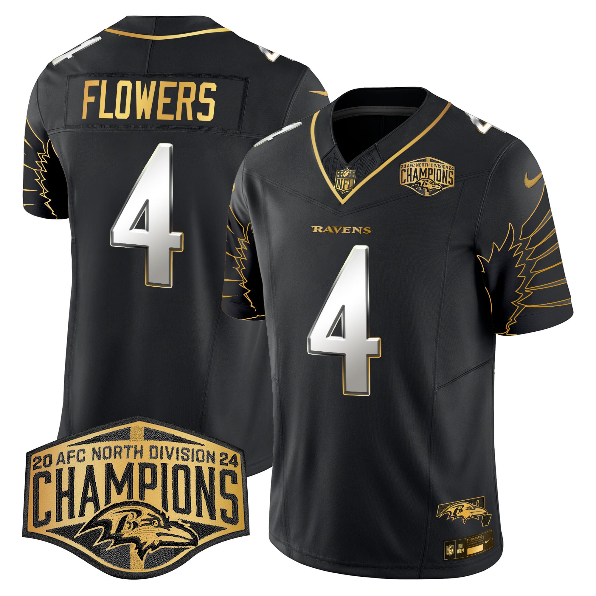 Men’s Ravens Maryland 2024 AFC North Division Champions Patch Gold Vapor Limited Jersey – All Stitched