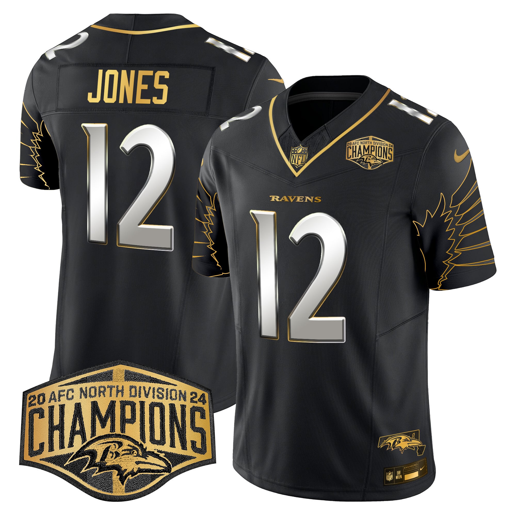 Men’s Ravens Maryland 2024 AFC North Division Champions Patch Gold Vapor Limited Jersey – All Stitched
