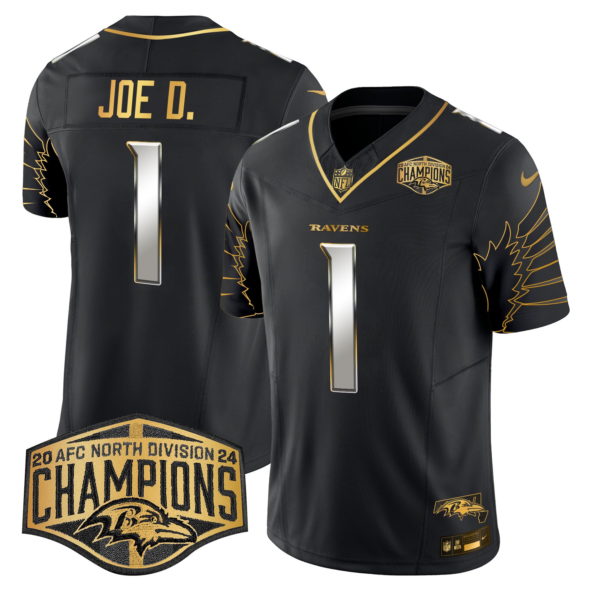 Men’s Ravens Maryland 2024 AFC North Division Champions Patch Gold Vapor Limited Jersey – All Stitched