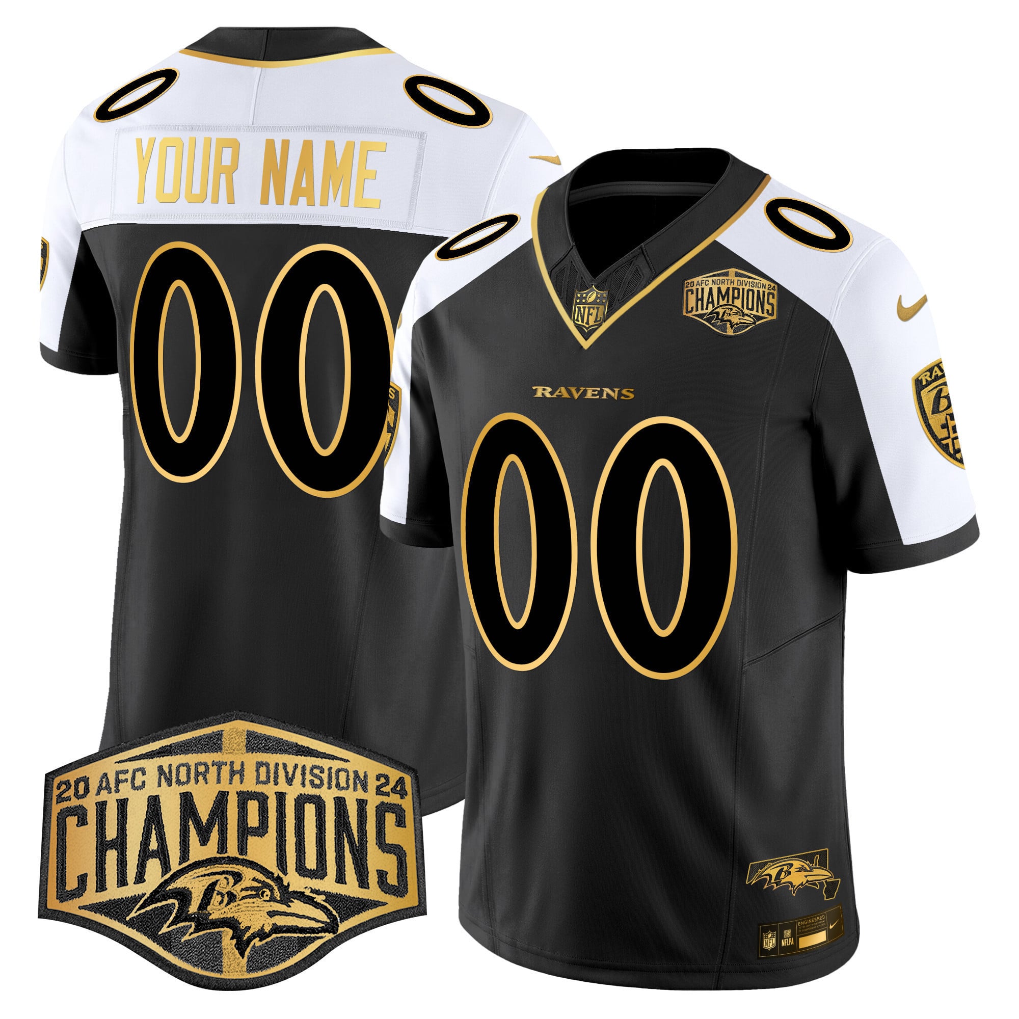 Ravens Maryland Flag Map 2024 AFC North Division Champions Patch Gold Vapor Limited Custom Jersey – All Stitched