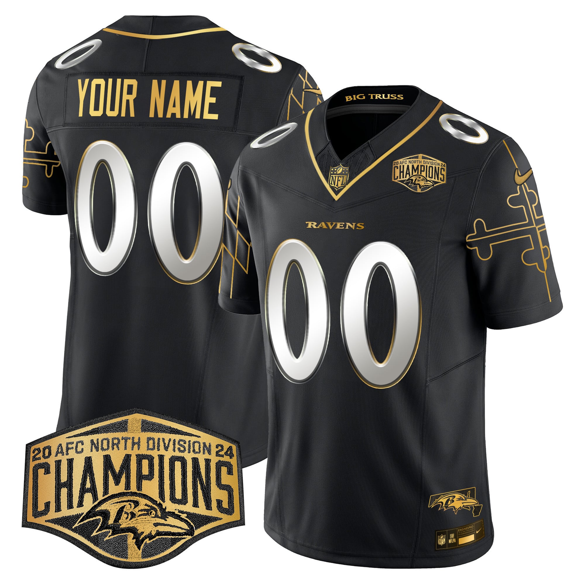 Ravens Maryland Flag Map 2024 AFC North Division Champions Patch Gold Vapor Limited Custom Jersey – All Stitched