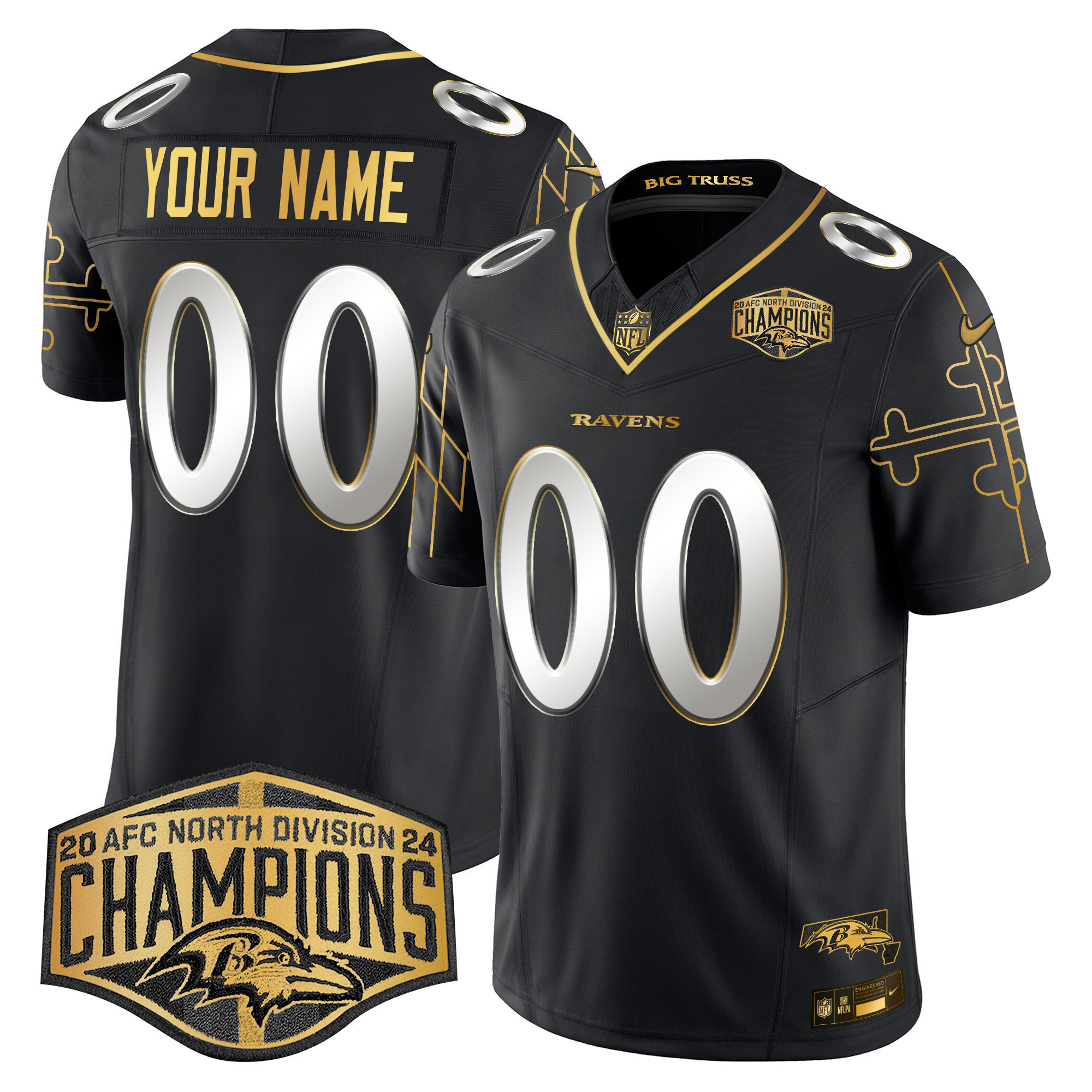 Ravens Maryland Flag Map 2024 AFC North Division Champions Patch Gold Vapor Limited Custom Jersey – All Stitched