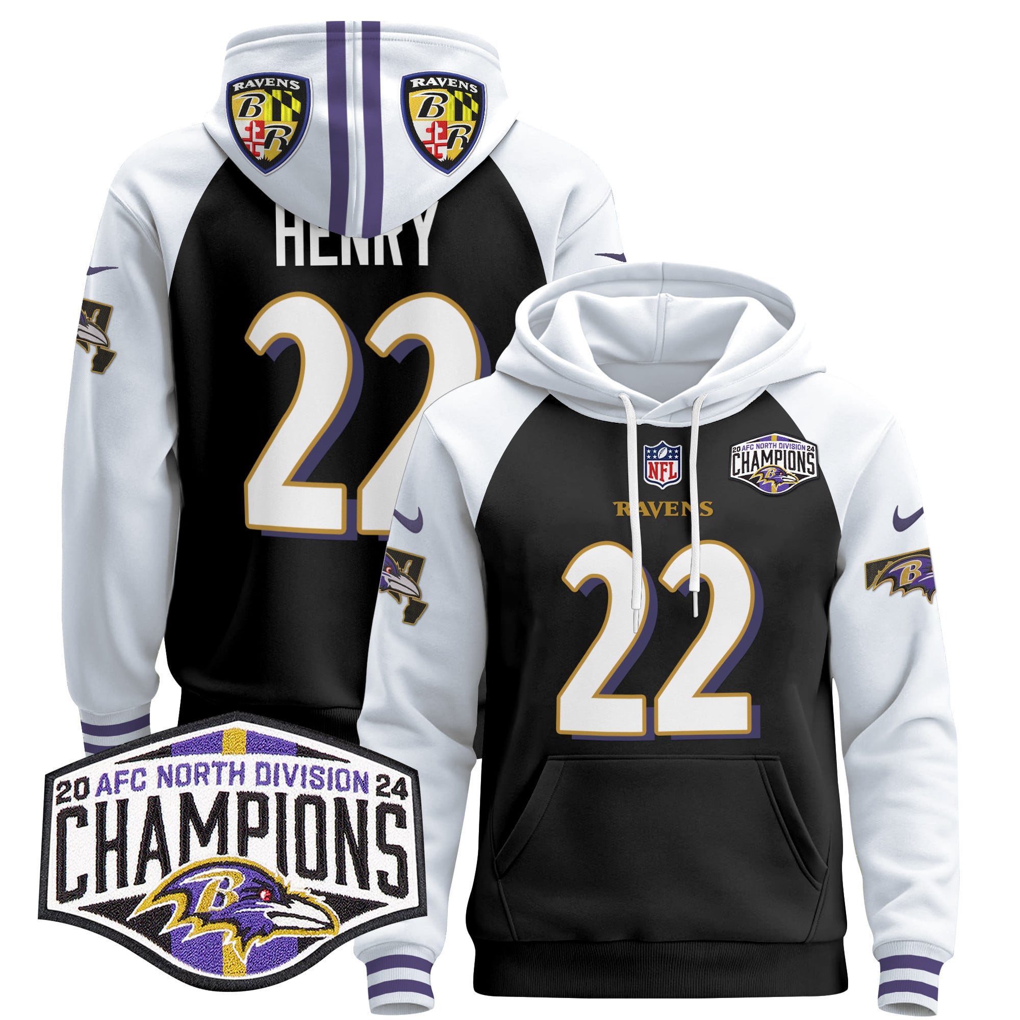 Men’s Baltimore Ravens 2024 AFC North Division Champions Patch Pullover Hoodie V2 – All Stitched