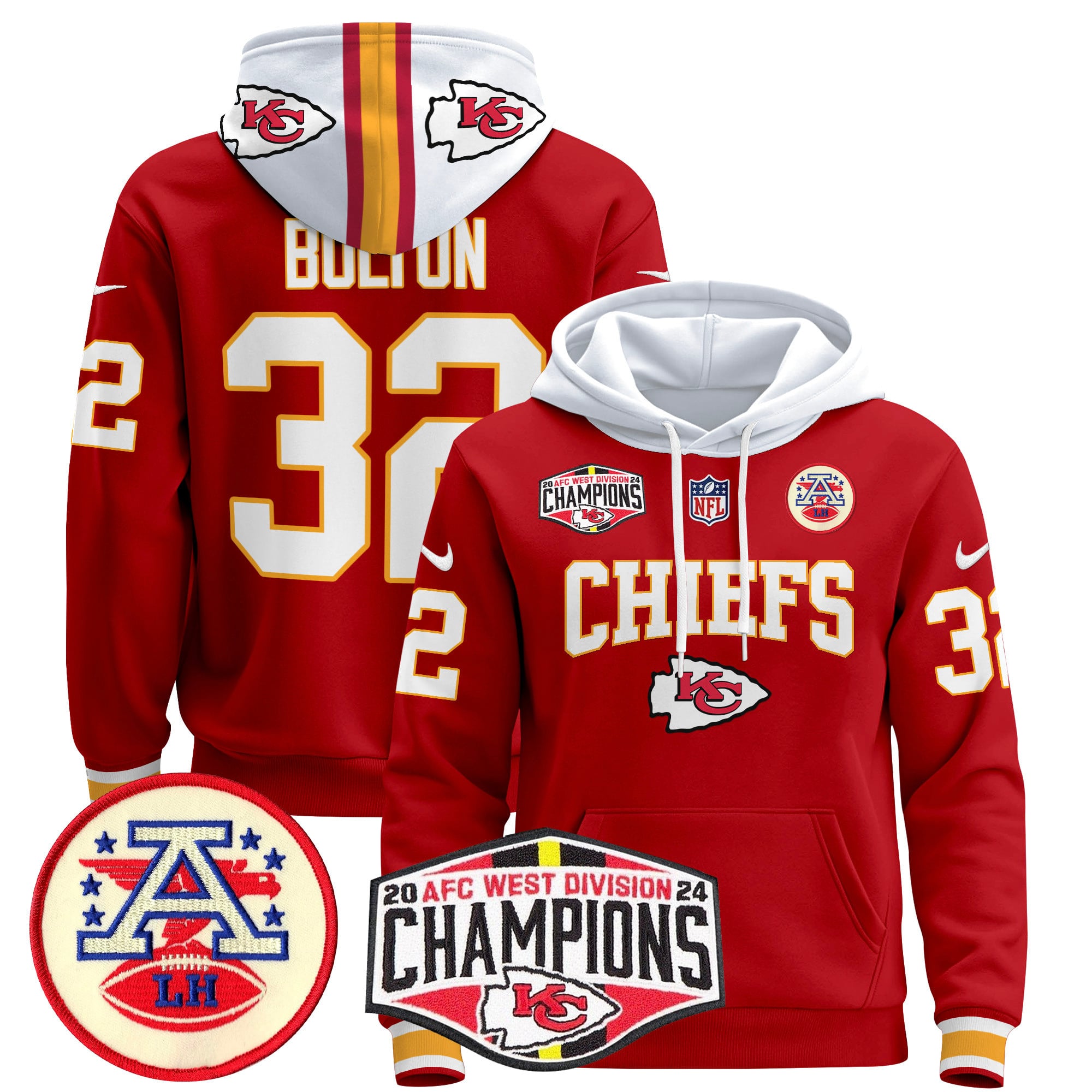 Men’s Kansas City Chiefs 2024 AFC West Division Champions Pullover Hoodie – All Stitched