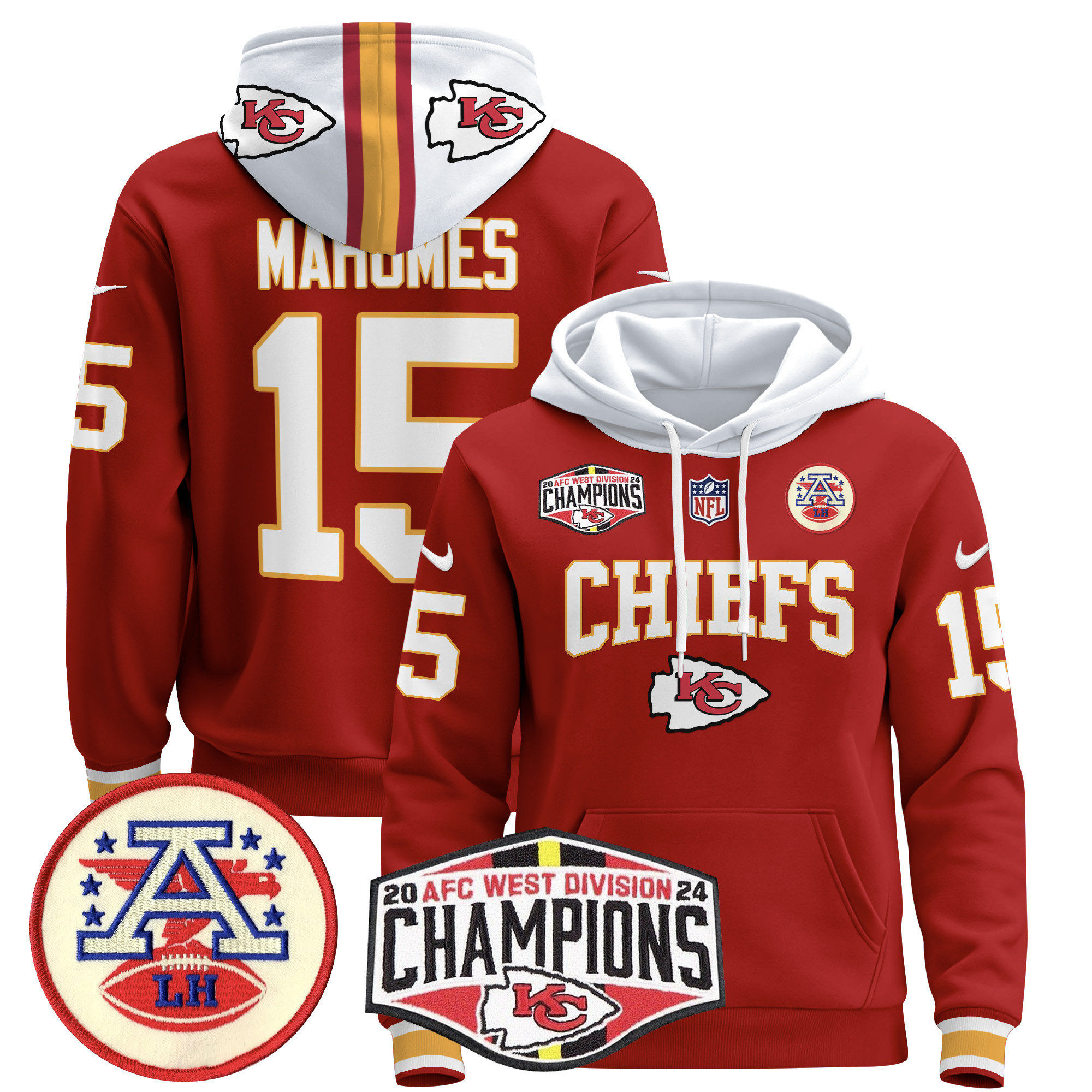 Men’s Kansas City Chiefs 2024 AFC West Division Champions Pullover Hoodie – All Stitched