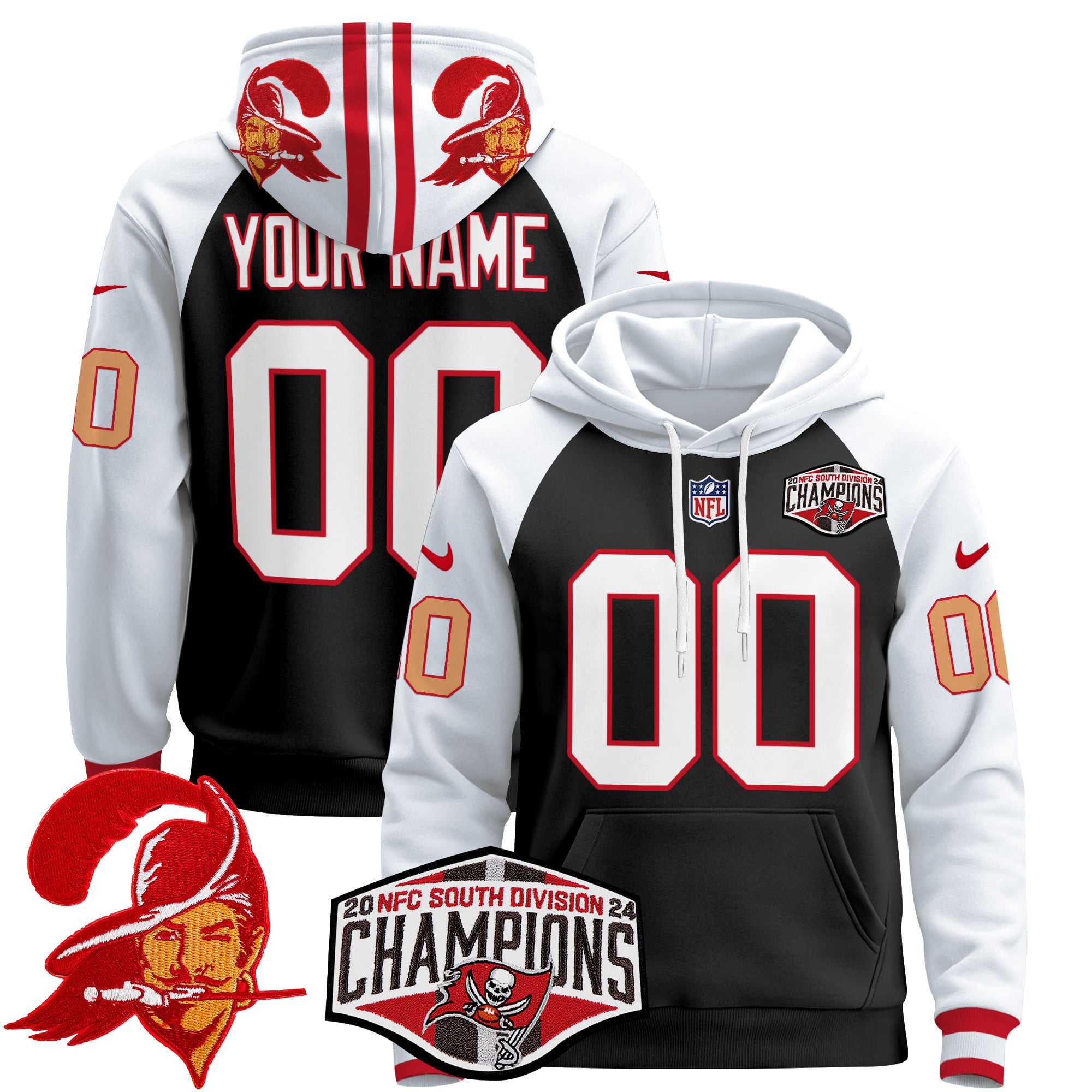 Tampa Bay Buccaneers Throwback 2024 NFC South Division Champions Patch Custom Pullover Hoodie – All Stitched