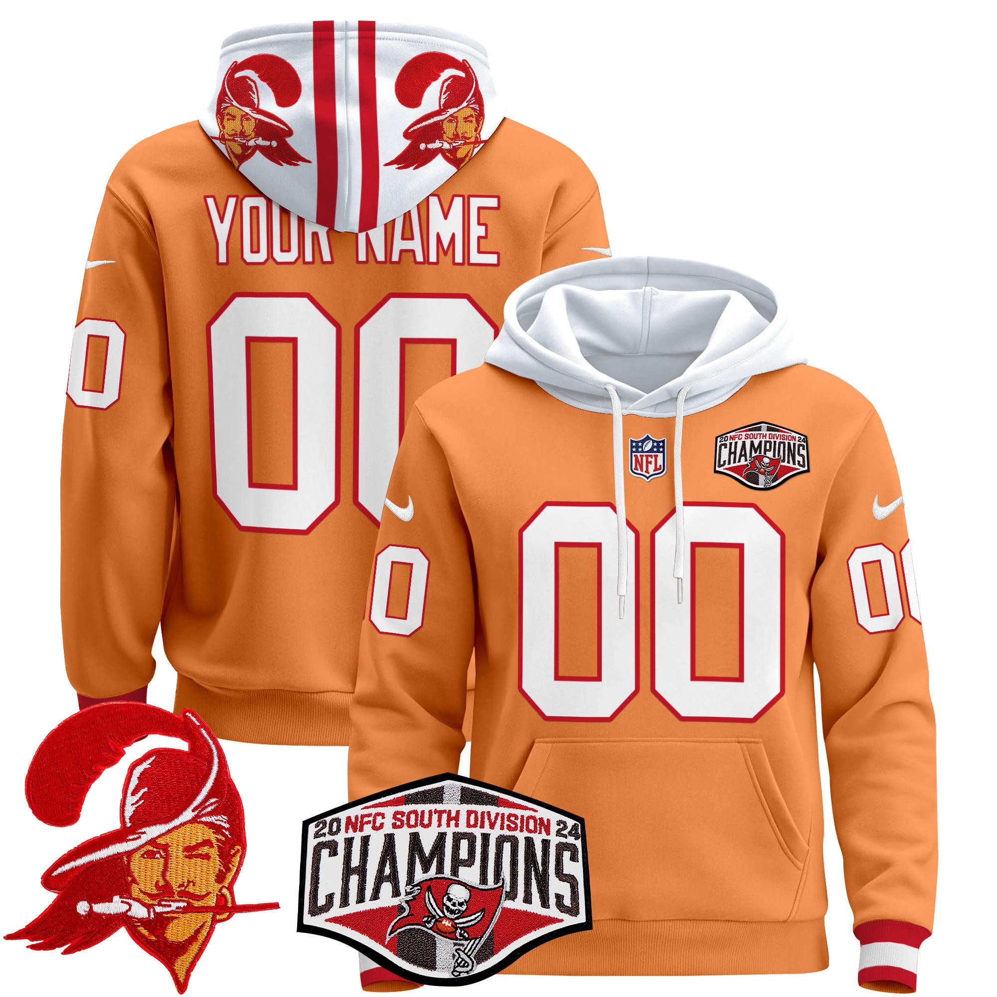 Tampa Bay Buccaneers Throwback 2024 NFC South Division Champions Patch Custom Pullover Hoodie – All Stitched