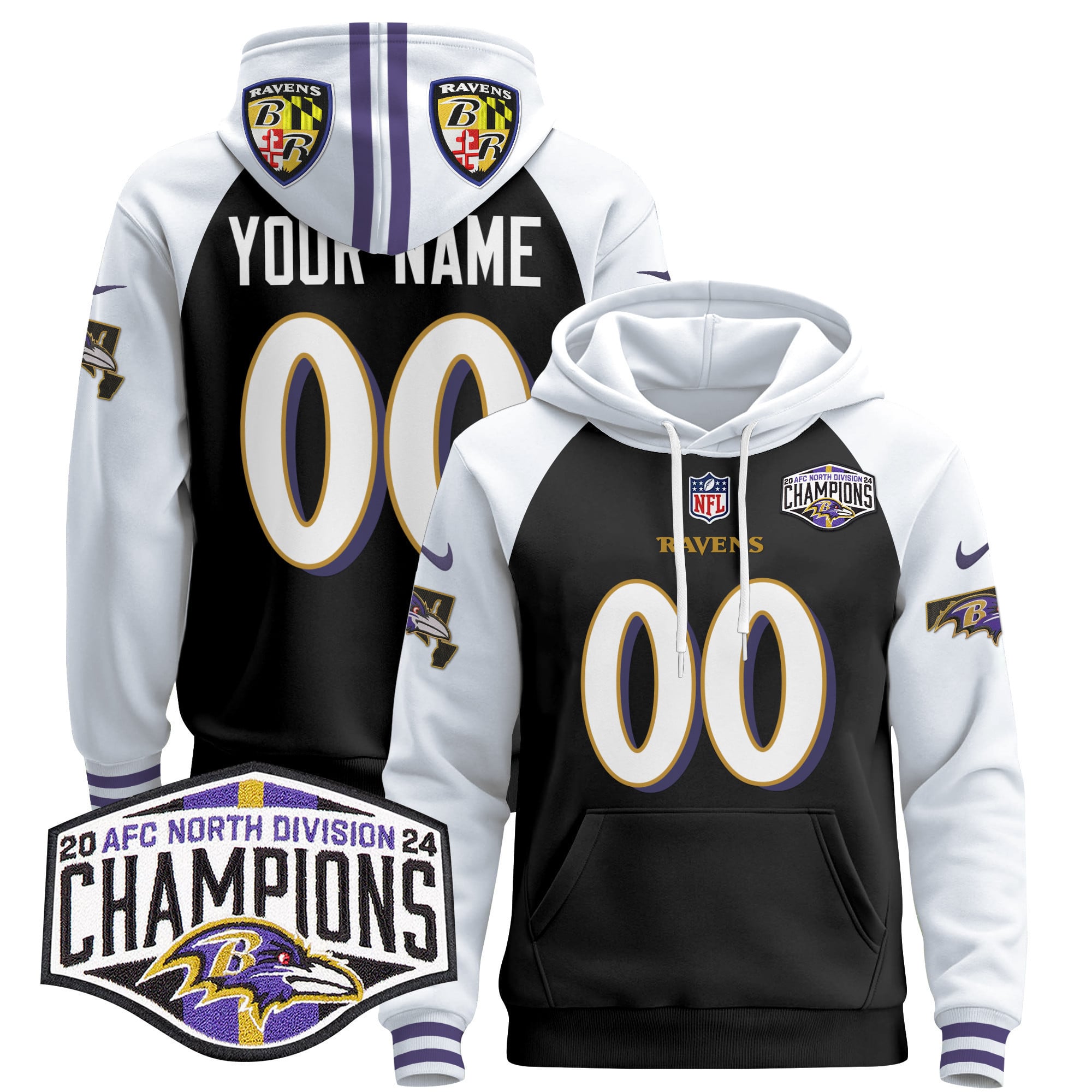 Baltimore Ravens 2024 AFC North Division Champions Patch Custom Pullover Hoodie V2 – All Stitched