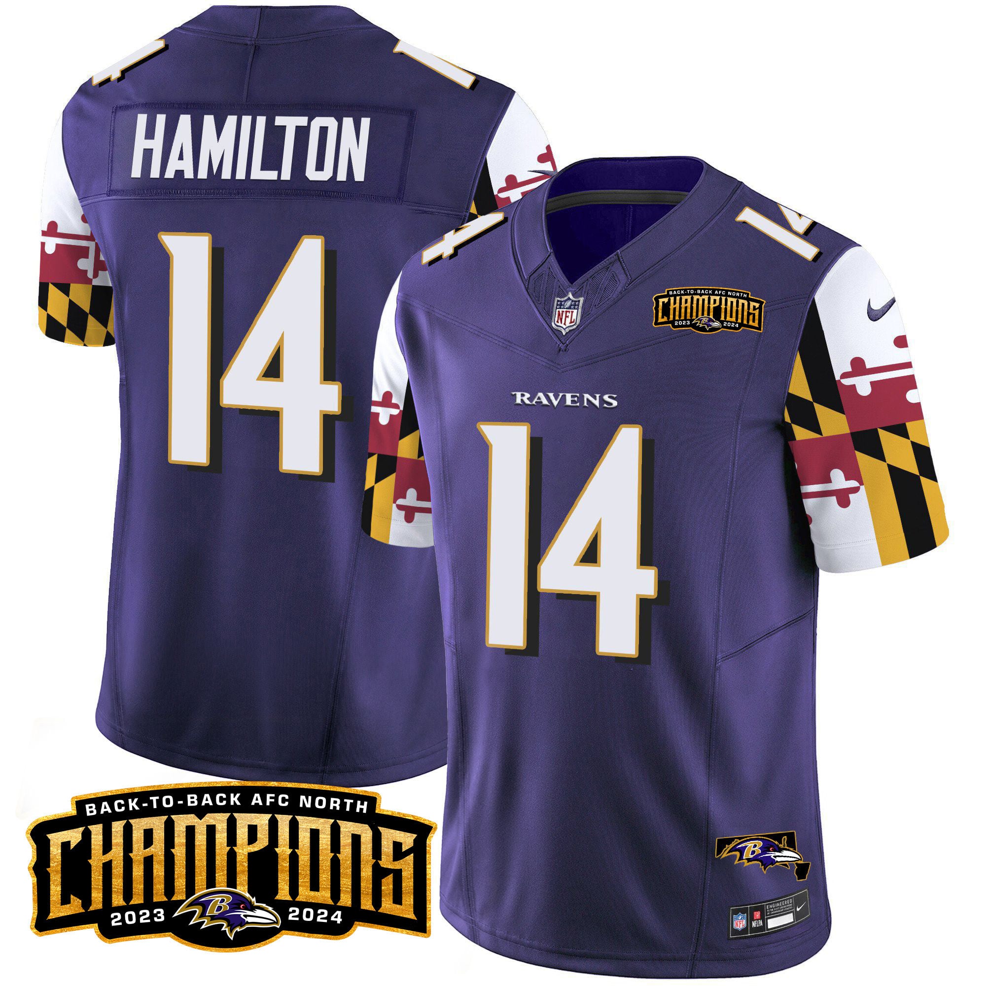 Men’s Ravens Maryland Flag Back To Back AFC North Champions Patch Vapor Limited Jersey – All Stitched