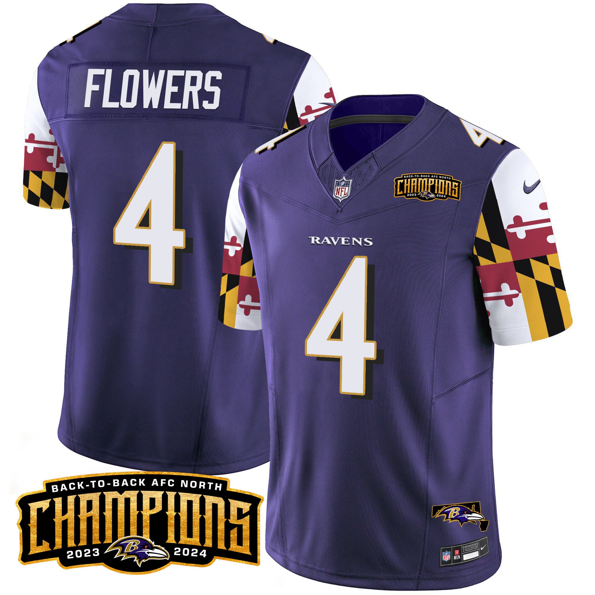 Men’s Ravens Maryland Flag Back To Back AFC North Champions Patch Vapor Limited Jersey – All Stitched