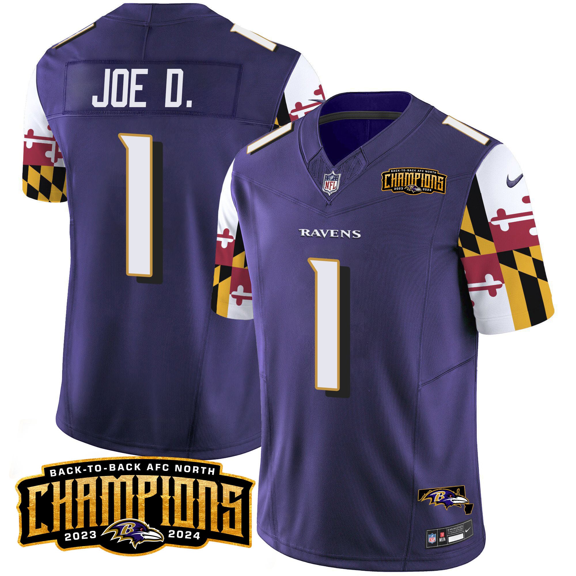 Men’s Ravens Maryland Flag Back To Back AFC North Champions Patch Vapor Limited Jersey – All Stitched