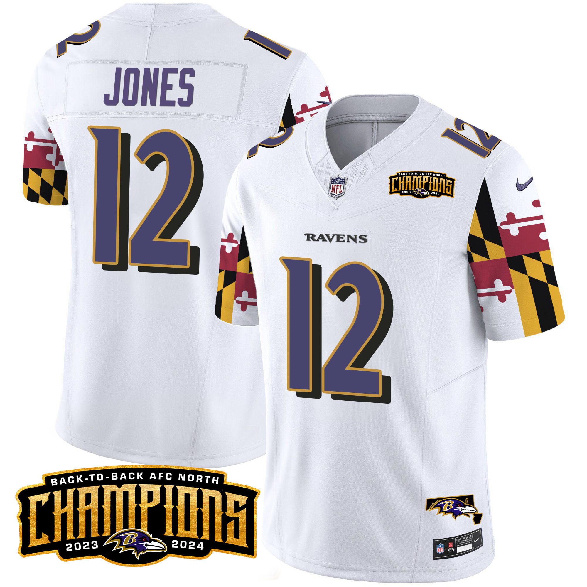Men’s Ravens Maryland Flag Back To Back AFC North Champions Patch Vapor Limited Jersey – All Stitched