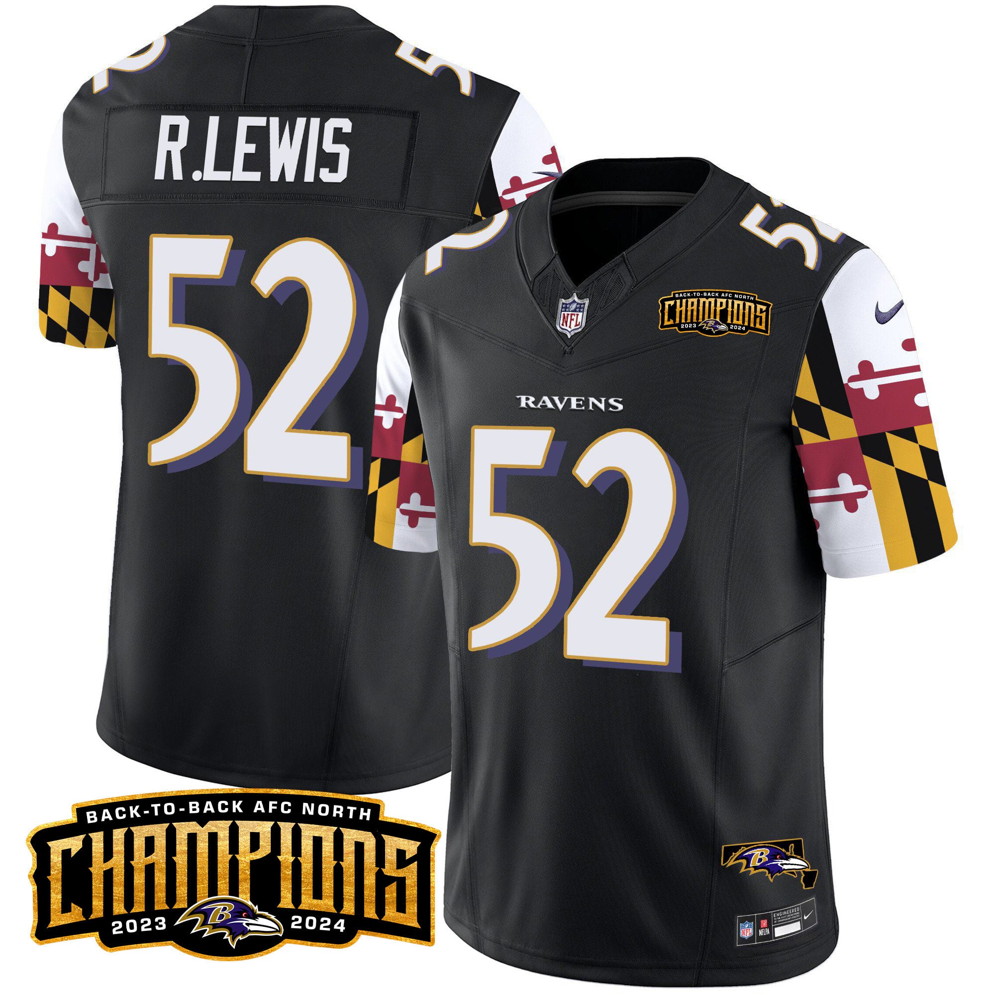 Men’s Ravens Maryland Flag Back To Back AFC North Champions Patch Vapor Limited Jersey – All Stitched