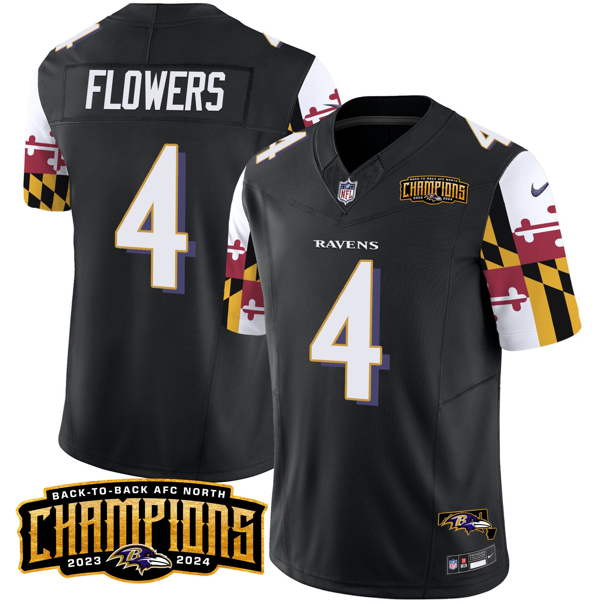 Men’s Ravens Maryland Flag Back To Back AFC North Champions Patch Vapor Limited Jersey – All Stitched