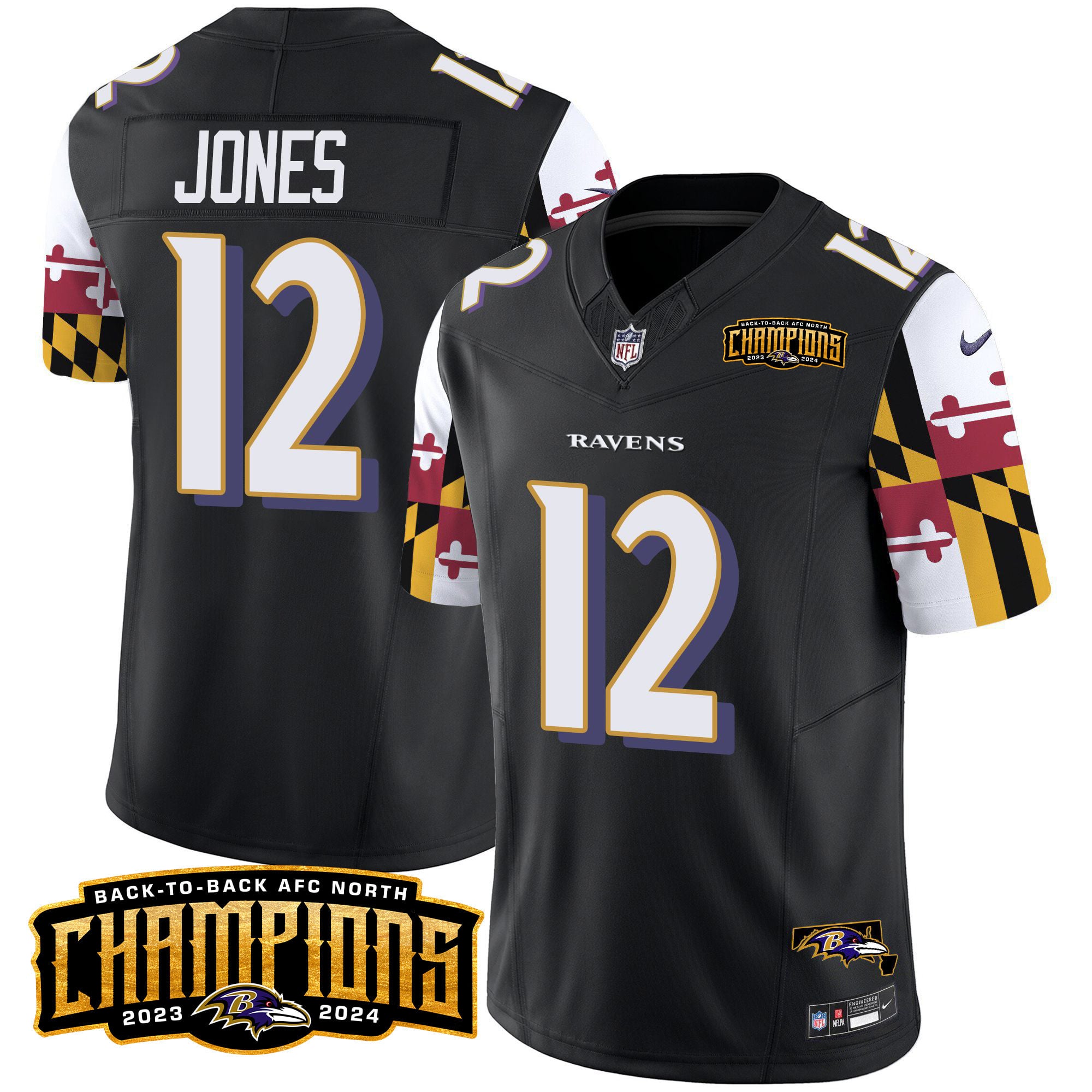 Men’s Ravens Maryland Flag Back To Back AFC North Champions Patch Vapor Limited Jersey – All Stitched