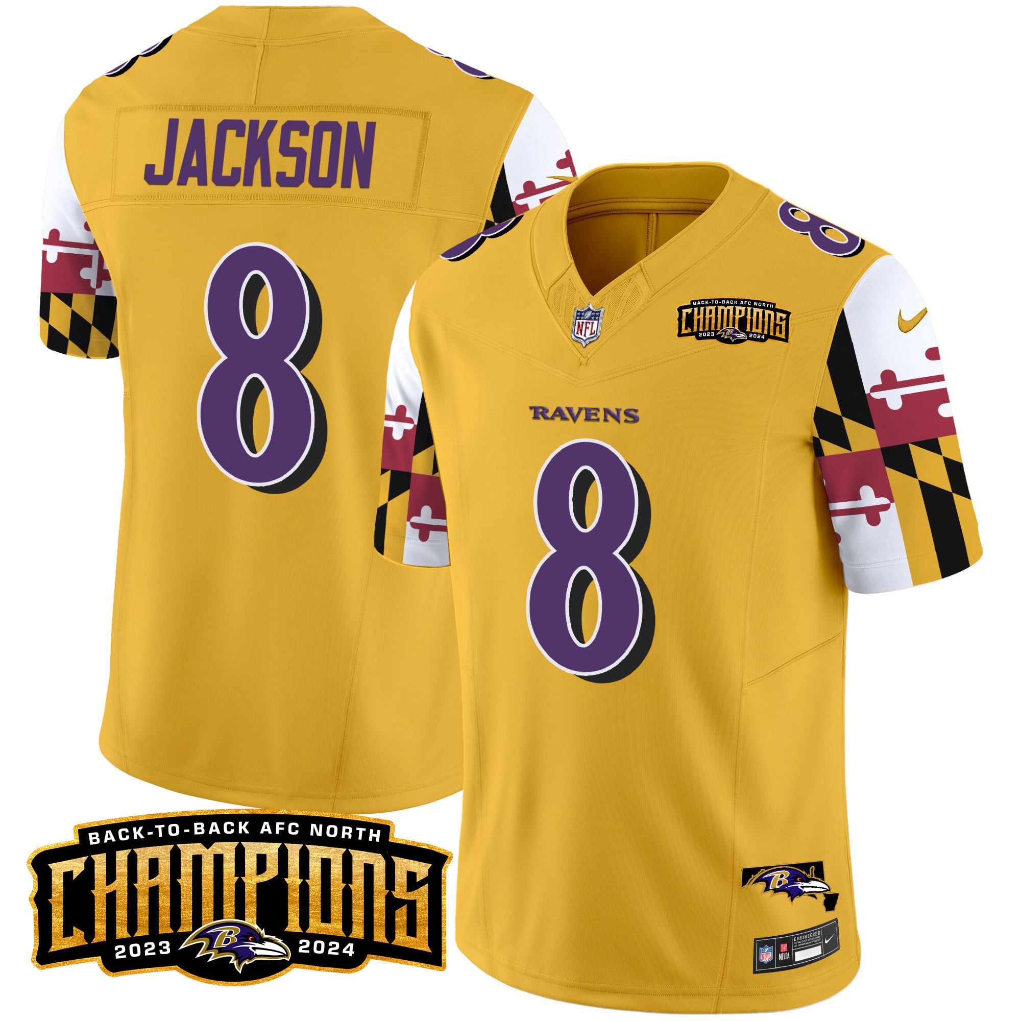 Men’s Ravens Maryland Flag Back To Back AFC North Champions Patch Vapor Limited Jersey – All Stitched
